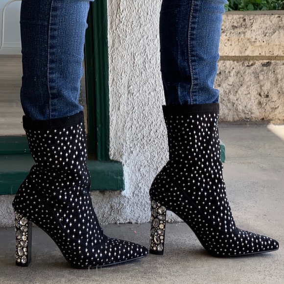 Italina Shoes - Black Rhinestone Crystal Sock Stiletto Heel Bootie